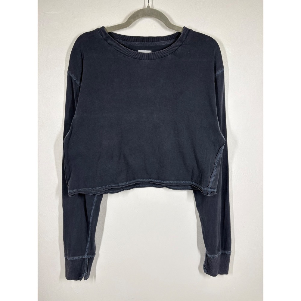 BDG Crop Top Long Sleeve T-Shirt Size S Blue Gray Exposed Seam Grunge Baggy